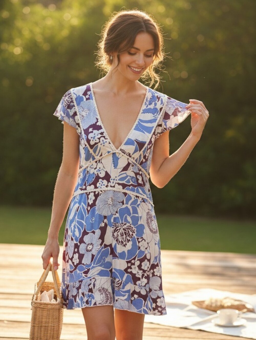Chaudry Kc Blue Floral V-Neck Summer Dress - Size Large